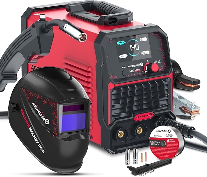 140A MIG Welder, 3 in 1 Flux Core, MIG/LIFT TIG/Stick Welding Machine 110V Portable IGBT Inverter Synergic Control, LED Display with Welding Helmet