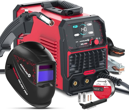 140A MIG Welder, 3 in 1 Flux Core, MIG/LIFT TIG/Stick Welding Machine 110V Portable IGBT Inverter Synergic Control, LED Display with Welding Helmet
