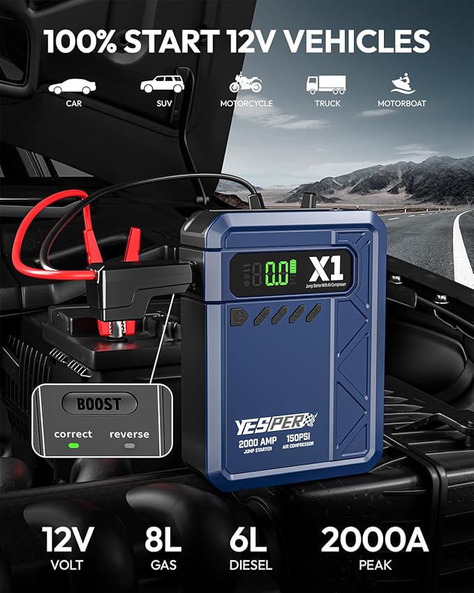 YESPER Jump Starter with Air Compressor 2000A 150PSI Battery Jumper Starter Portable(8L Gas/6L Diesel), 12V Car Jump Pack Battery Charger Jump Box with Jumper Cables, LCD Display, Lights(Blue)