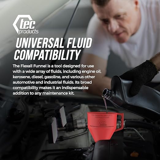 TEC Products FlexAll Long Flexible Funnel for Automotive Use - Durable Nitrile Rubber - Ideal for Car Oil Change, Transmission Funnel Fluid, Diesel, Fuel, Gas - Made in USA - Red (12 x 4 Inches)