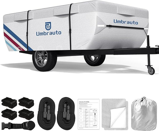 Umbrauto Pop Up Camper Cover for 10'-12' Folding Tent Trailers, 300D Silver Oxford, Waterproof, Windproof, Sun-Resistant, Tear-Resistant, Heavy-Duty RV Cover with Straps & Air Vents