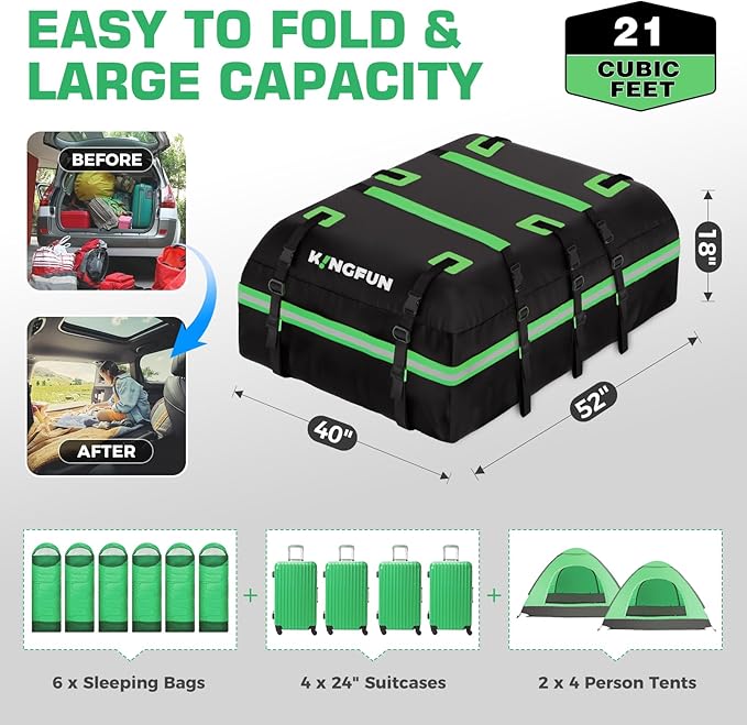Kingfun Rooftop Cargo Carrier – Waterproof 21 Cubic Feet Car Roof Bag Fit All Vehicles with/Without Roof Rack, Includes Anti-Slip Mat, 8 Reinforced Straps & 6 Door Hooks, Lashing Straps, Luggage Locks