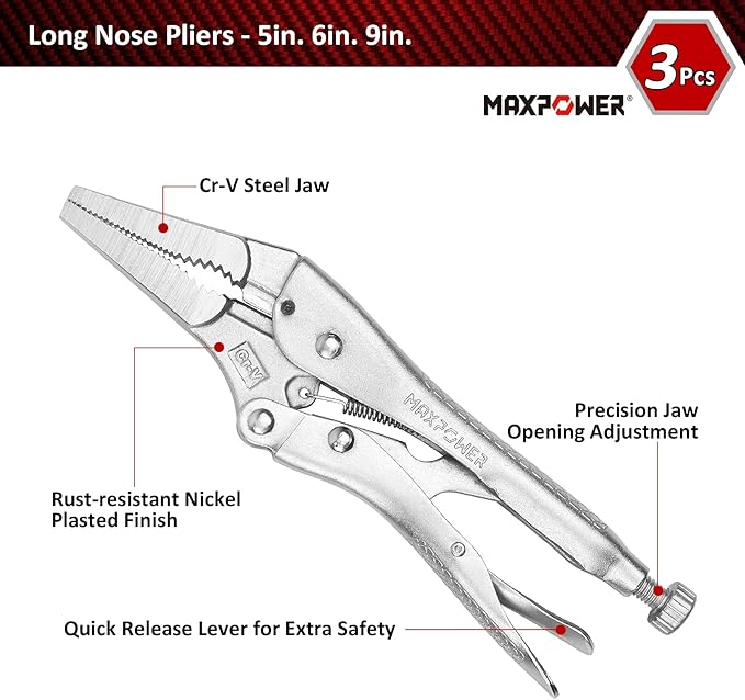 MAXPOWER 15-pc Locking Pliers Set with C-clamps, Long Nose, Pinch Off, Sheet Metal Clamp, U Shaped Pliers and Tool Bag
