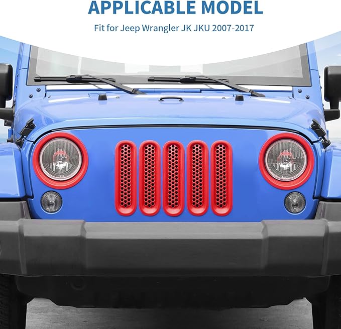 for Jeep JK Front Grille Inserts & Headlight Cover Trim Ring for Jeep Wrangler JK JKU 2007-2017 Red Exterior Accessories 9pcs