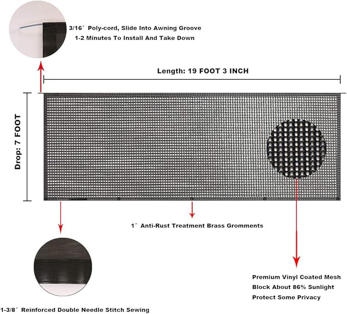 Tentproinc RV Awning Sun Shade Screen 7' X 19' 3'' (Fit for 20' Awning) Mesh Screen Sunshade for RV Awning Sunscreen Motorhome Camping Trailer Awning Shadescreen UV Blocker - 3 Year Warranty (Black)