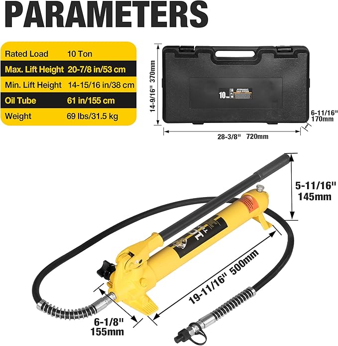 YELLOW JACKET 10 ton Porta Power Kit Hydraulic Ram Jack Pusher Puller Auto Body Frame Repair Tool with Blow Mold Carrying Storage Case for Car Repair,Truck,Farm