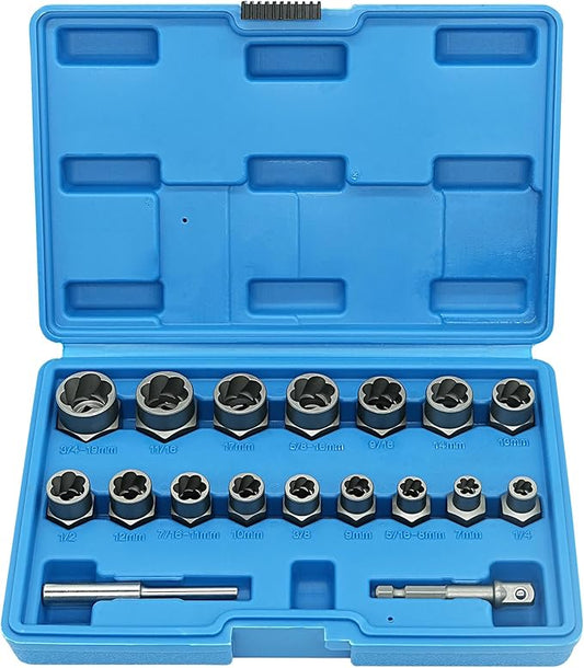 18-Piece Screw Puller Kit, Multi-Spline Hex Head, 3/8 Inch Drive Easy Removal Bolt Puller Kit for Removing Stripped, Rounded, Damaged, Broken, Screws and Bolts Removal Kit