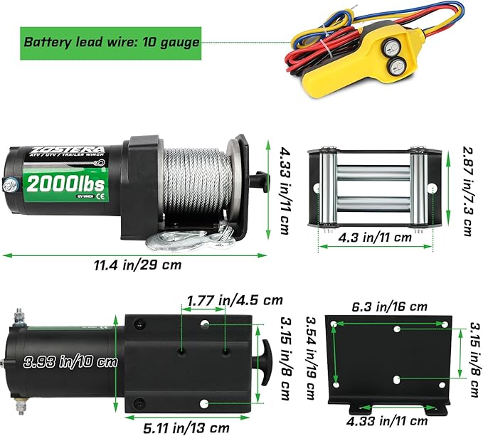 2000lb Winch for ATV, with Steel Cable,ATV Winch with Wired Manual Remote Control Switch,IP65 Waterproof,with Mounting Plate,with Roller Fairlead&Hook