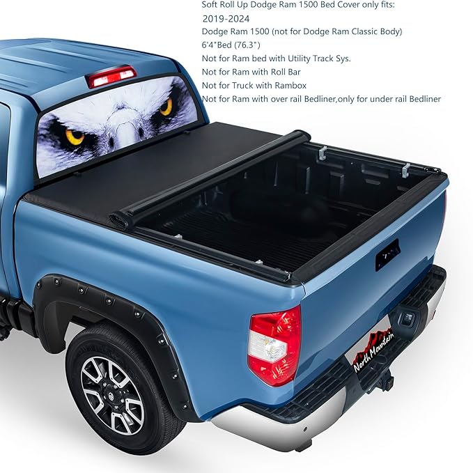 North Mountain Soft Roll Up Truck Tonneau Cover fits 2019-2024 Dodge Ram 1500 New Body Style 6.4ft Fleet/Styleside Bed(76.3"), not fit Classic Body Style, Truck with Rambox & Multi-Function Tailgate