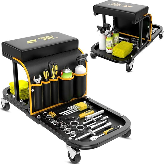 Rolling Shop Stool Chair with Wheels, Mechanic Garage Stool on Wheels, Auto Car Detailing Stools Seat with Tool Tray Storage for Garage Work, Workshop, Home, Garden, DIY, 300 LBS Capacity, Yellow