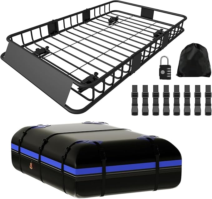 FORWODE 250LBS Universal Roof Rack Basket, 64"x39"x6" Rooftop Cargo Carrier Rack + Waterproof Cargo Bag 15 Cubic Feet(43"x34"x17")