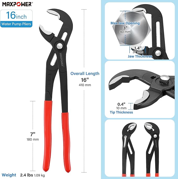 MAXPOWER 16 inch Water Pump Pliers with 3 inch Jaw Capacity Opening Push Button Lock Pliers