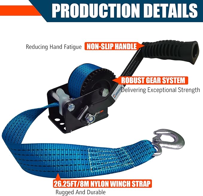 Heavy Duty Boat Trailer Winch,HandCrank Winch 1200lbs Capacity with 26FT Strap,2-Way Ratchet 4:1 Gear Switchable Hand Crank Winch for Boat,Trailer,Truck,RV,ATV and Jet Ski