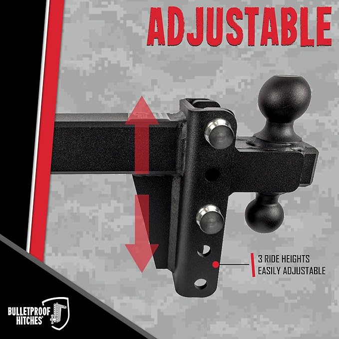 BulletProof Hitches - 2.5" Adjustable Extreme Duty Trailer Hitch (36,000 lb. Rating) - 4" Drop/Rise with 2" and 2 5/16" Dual Ball - Powder Coat, Solid Steel, Corrosion-Resistant