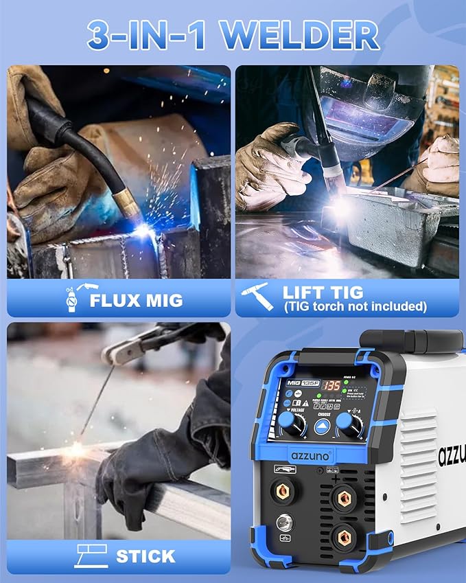 AZZUNO MIG Welder 135A 110V, 3 in 1 Flux Core Gasless MIG Welder/Lift TIG/Stick Welding Machine, Portable Wire Feed Welder Machine with Auto Darkening Welding Helmet