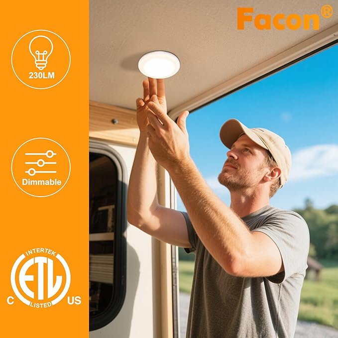 Facon 3.5" LED RV Puck Light Surface Mount - 2Pack, SY-SM35 12V RV Dome Light(No Switch), 230LM Cool White (4000K), Ideal for RVs, Motorhomes, Campers, Marine Vehicles