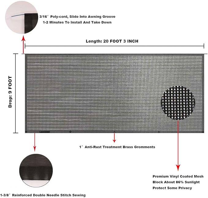 Tentproinc RV Awning Sun Shade Screen 9' X 20' 3'' (Fit for 21' Awning) Mesh Sunshade for RV Awning Sunscreen Motorhome Camping Trailer Awning Shadescreen Block UV Glare - 3 Year Warranty (Black)
