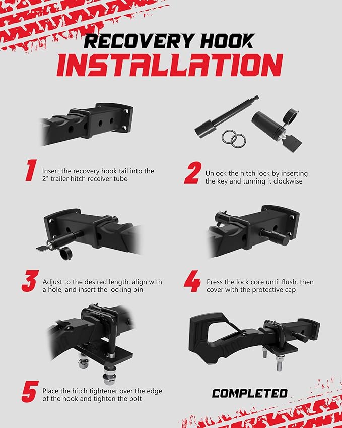 Tow Hitch Receiver Hook With Tightener, 2 Inch Truck Receiver, Drop Forged Steel Trailer Hitch 88000 Lbs Break Strength, Scorpion Tail Tow Hook for Trucks, Black