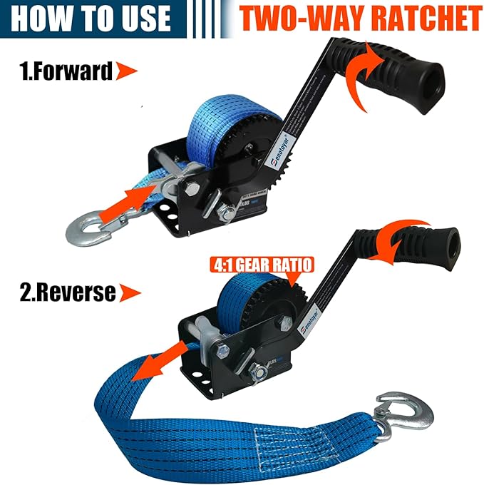 Heavy Duty Boat Trailer Winch,HandCrank Winch 1200lbs Capacity with 26FT Strap,2-Way Ratchet 4:1 Gear Switchable Hand Crank Winch for Boat,Trailer,Truck,RV,ATV and Jet Ski