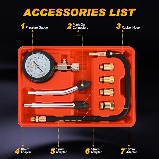 Nilight Compression Tester Kit, 8PCS Petrol Gas Engine Cylinder Pressure Gauge 0-300 PSI Automotive Tool for Cars Trucks Motorcycles