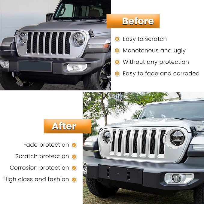 Front Grille Mesh Inserts & Headlight Cover for Jeep Wrangler JL JLU Unlimited Sport/Sports 2018-2023 Exterior Accessories Clip-in Grille Guard Cover Headlight Bezels Trim Ring (White 9PCS)
