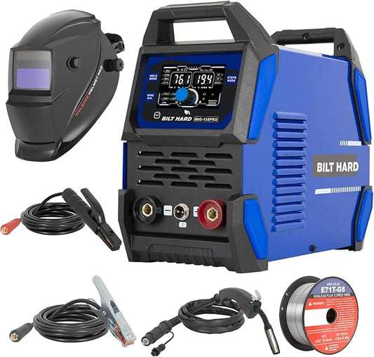 BILT HARD 135A 3-in-1 IGBT Inverter Welder, 110V Flux Core MIG/Lift TIG/Stick Welding Machine with Synergic Control, LED Display, 2T/4T/SPOT Modes & Full Kit (Solar Helmet, Gloves etc.)