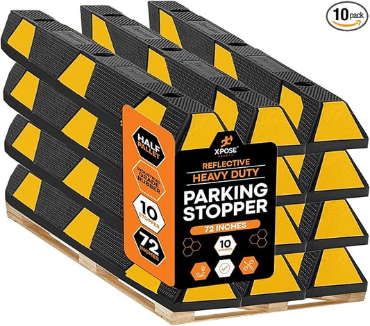 Xpose Safety 72" Heavy Duty Rubber Parking Stopper – 10 Pack Wheel Blocks for Garage, Driveway, or Ramp – Car Bumper Stop with Yellow Reflective Strips – Removable Floor Mount