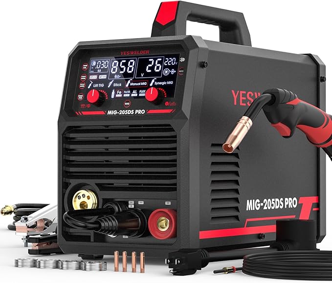 YESWELDER MIG-205DS PRO MIG Welder, 200Amp 110/220V Dual Voltage MIG Welding Machine, 5 in 1 Gas MIG/Flux Core MIG/Spool Gun MIG/Lift TIG/Stick Multiprocess Aluminum MIG Welder, Spool Gun Compatible