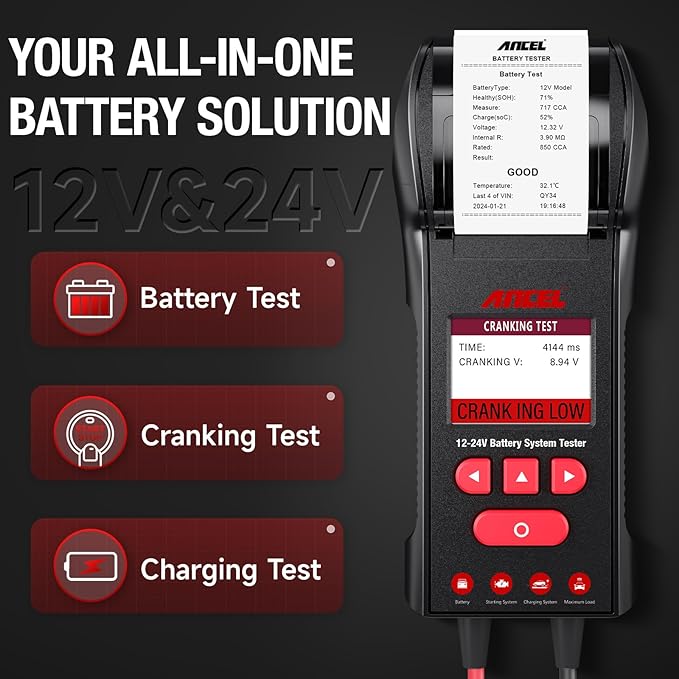 ANCEL BST600 Car Battery Tester with Printer - 12V/24V, 100-2000 CCA, Digital Auto Battery Load Tester - Cranking and Charging System Test for Heavy Duty Truck, Marine, Motorcycles, RVs, SUVs, Boats