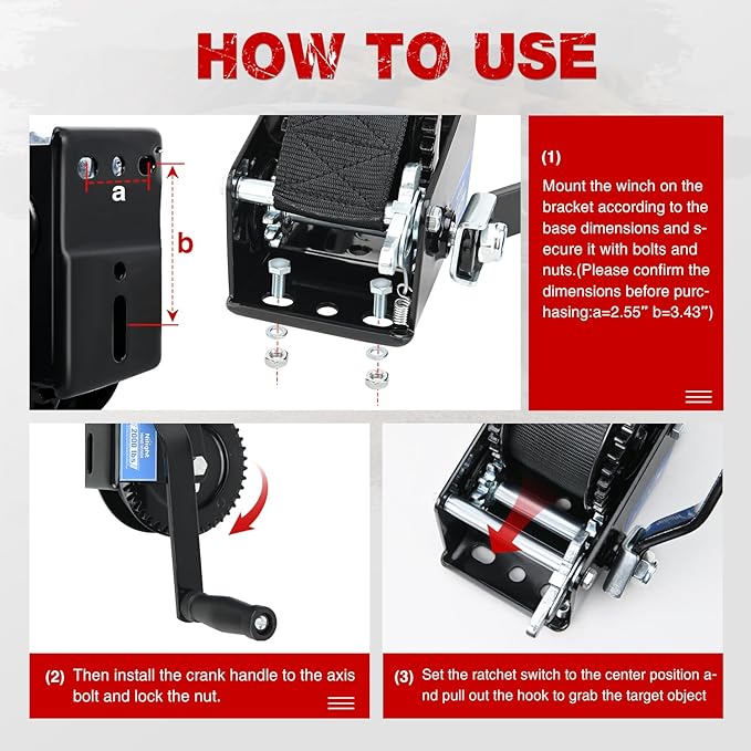 Nilight Boat Trailer Winch 1200 Lbs Hand Crank Winch Heavy Duty Boat Winches with 23Ft Strap Rope Hook 2-Way Ratchet 4:1 Gear Portable Marine Manual Winch for Trailers Boats RV ATV Jet Ski Towing
