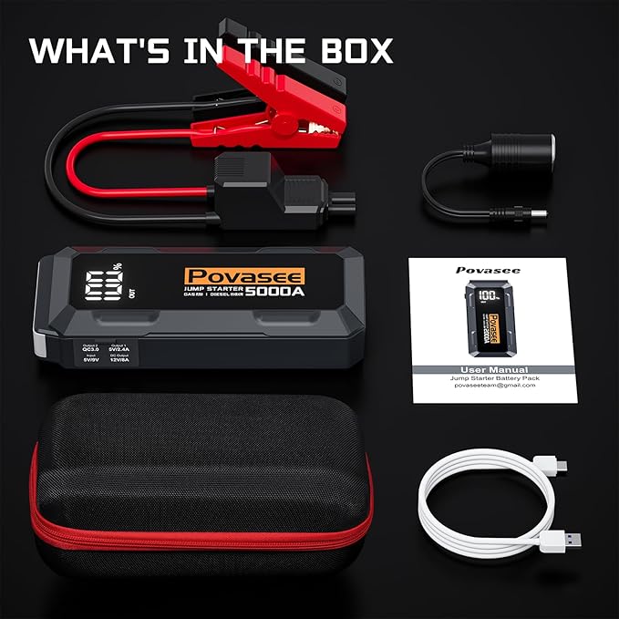 Povasee Car Battery Jump Starter 5000A Jump Box (All Gas/10L Diesel) Portable Car Jump Starter Battery Pack, 12V Jumper Starter Portable 3" LCD Display/Power Bank/Dual Output/LED Light DC