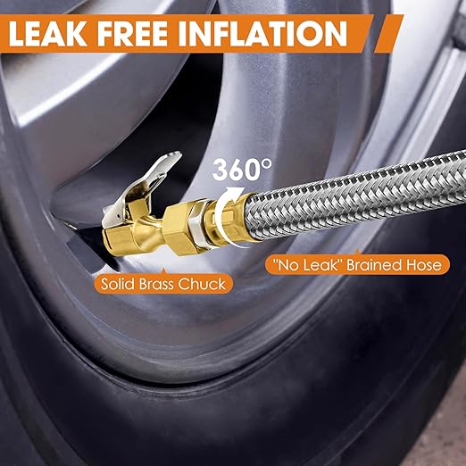 Digital Tire Pressure Gauge with Inflator, 250 PSI Heavy Duty Air Chuck Air Compressor Attachments, Improved Leaks Protection & Stainless Braided Hose Tire Gauge, 0.1 Display Resolution