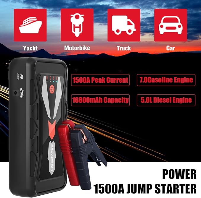 MEGAWISE 1500A Peak 16800mAh Car Battery Jump Starter Booster (up to 7L Gas or 5L Diesel Engines), 12V Portable Power with Dual USB Outputs & Flashlight 2023 Upgraded Extremely Safe