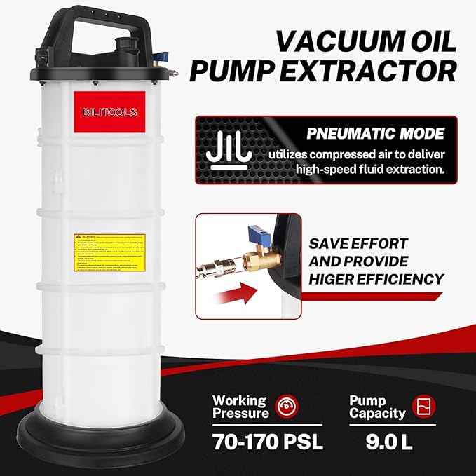 BILITOOLS 9L Vacuum Oil Pump Extractor Air Operated Automotive Oil Change Tool Large Capacity 2.4 Gallon Pneumatic Engine Dipstick Fluid Extractor for Boat Marine Jetski ect.