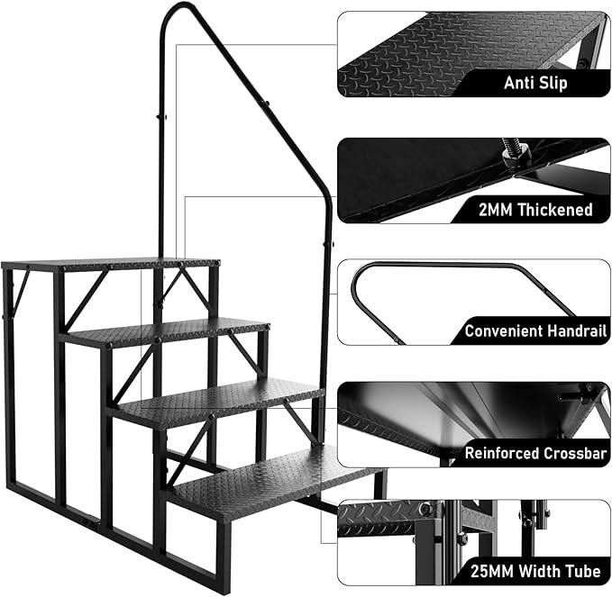 RV Steps with Handrail, 4 Step RV Stairs 660 lbs Load Capacity, Step Ladder with Anti-Slip Panel, Mobile Home Stairs for Travel Trailers