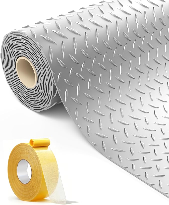 8x20 FT Garage Floor Mat, 2.8mm Thick Premium PVC Resin Flooring Roll | Heavy Duty & Durable | Diamond Plate Protector for Car, SUV, Pickup, Trailer, Gym & Basement (Silver)