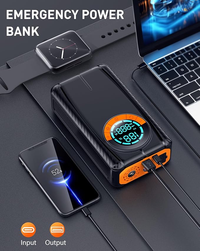 Jump Starter with Air Compressor, Car Battery Jump Starter (8.0 Gas/7.0L Diesel), Battery Jumper Starter Portable Jump Box, 12V Portable Car Jump Starter with Tire Inflator, LED Light (Model)