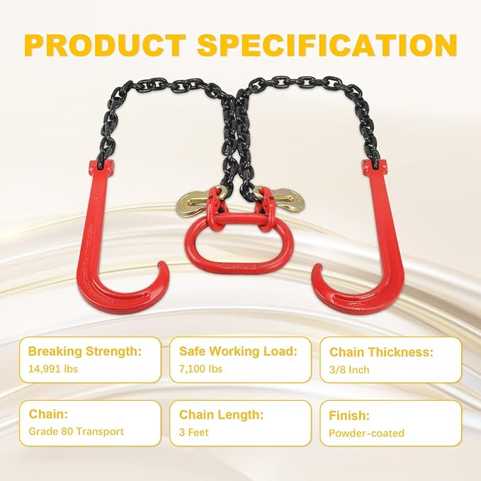 3' x 3/8" G80 V-Chain Bridle w/ 15” J Hooks and Grab Hooks, 7100lbs Safe Working Load Towing Hooks for Flatbed Truck Wrecker Recovery