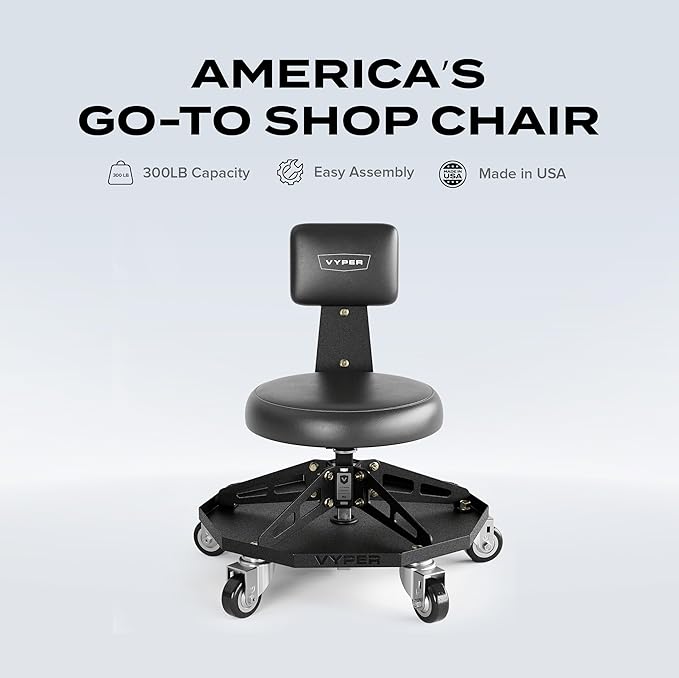 Vyper Robust Steel Sport Shop Chair for Mechanics, Automotive, DIY - 300 lb Capacity Garage Stool with Backrest & Large Wheels (Black Seat, Black Frame)