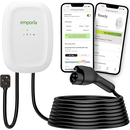 EMPORIA Level 2 EV Charger - NEMA 14-50 EVSE w/ J1772 Connector - 48 amp EV Charger Level 2, 240v WiFi Enabled Electric Vehicle Charging Station, 25ft Cable, White