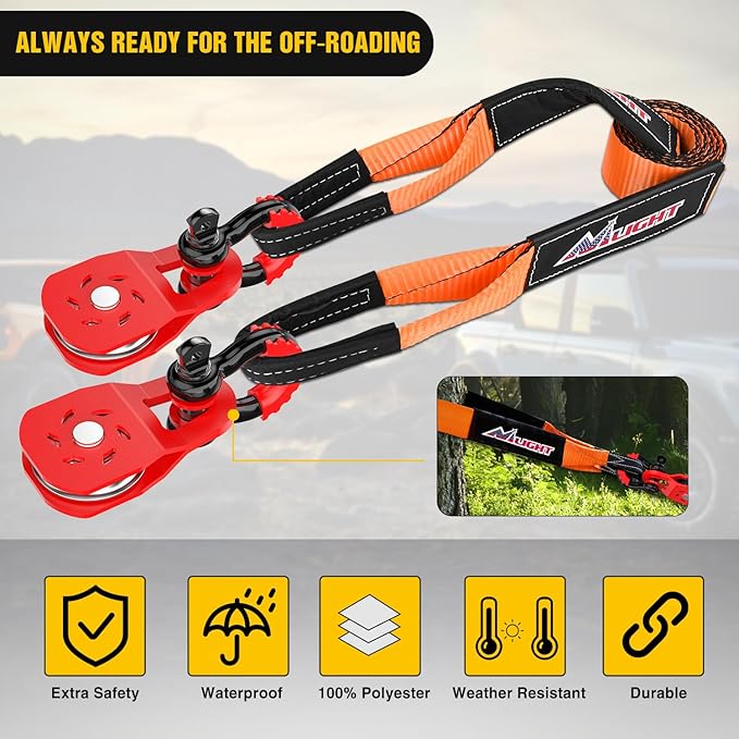Nilight Offroad Recovery Kit 3" x 8' Tow Strap with Winch Snatch Block Pulley and 2Pcs 3/4" Anti-Theft D-Ring Shackles Storage Bag Heavy Duty Tow Rope for Car Truck SUV ATV (MBS 31500LBS)