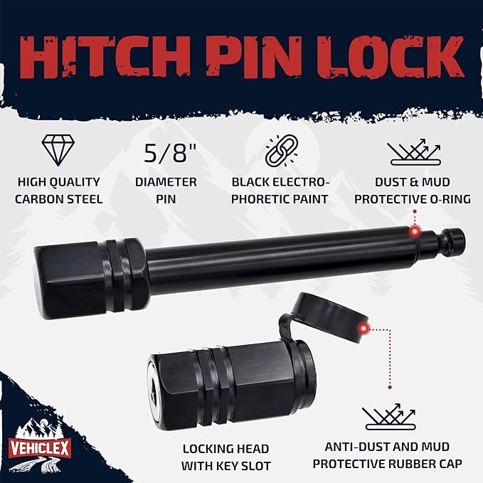 Vehiclex Hitch Pin Locks for 2" Trailer Receivers (2 Keyed Alike) - 5/8" Pins for Class III, IV - Defends Against Dust, Mud, and Thieves