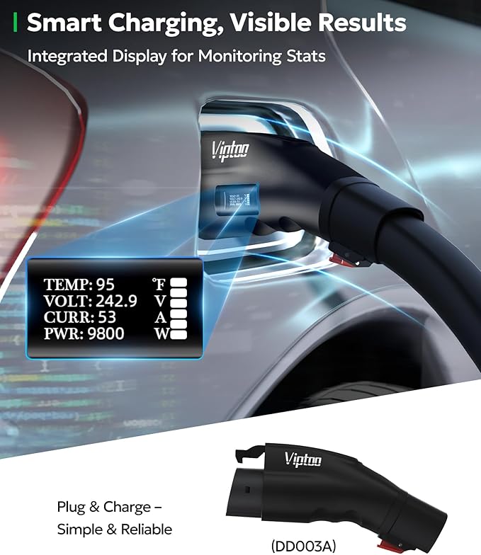 Adapter for Tesla to J1772 Charger with Screen Display [Only to J1772], 60Amp 250V Convertor with Press-Lock, Compatible with Tesla High-Powered Connectors, Destination/Mobile Chargers