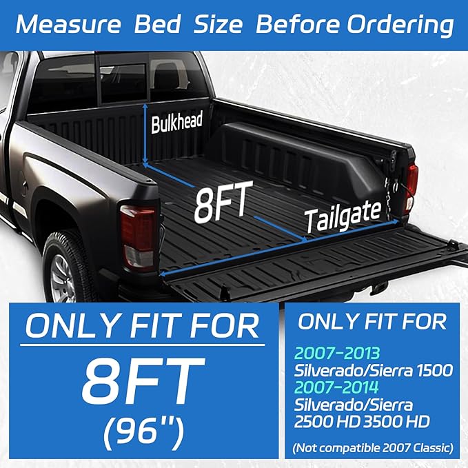 PZ Soft Roll Up Truck Bed Tonneau Cover Compatible with 2007-2013 Chevy Silverado GMC Sierra 1500; for 2007-2014 2500HD 3500HD 8 ft Long Bed Fleetside (excl '07 Classic)