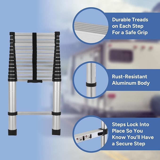 RecPro RV 14.5' Telescoping Ladder | 15 Steps | Weighs 28 lbs | 330 lb Load Capacity | Aluminum Body | Locks Into Place