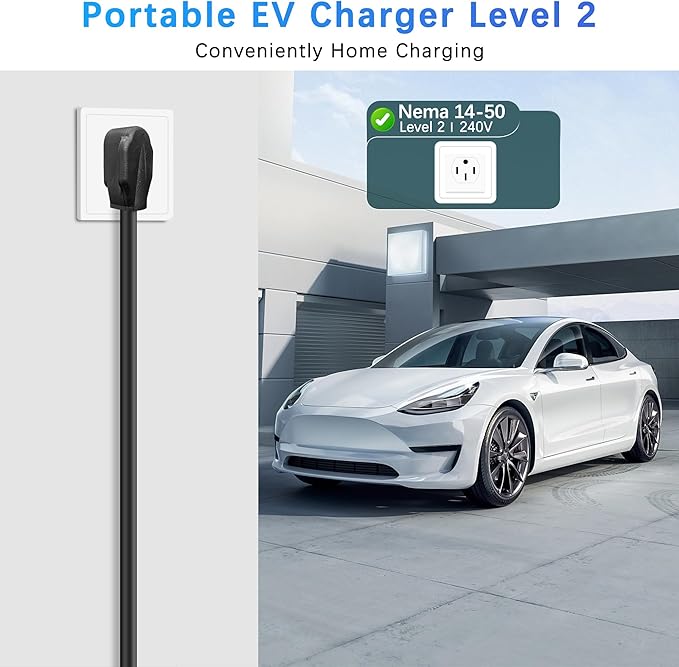 Portable Level 1&2 EV Charger, 32 Amp, Portable Charger for Home and J1772, 25ft Cable, 240V, Charging Stations with LED Display, NEMA14-50 Plug, Current Adjustable.(Tesla Need Adapter)