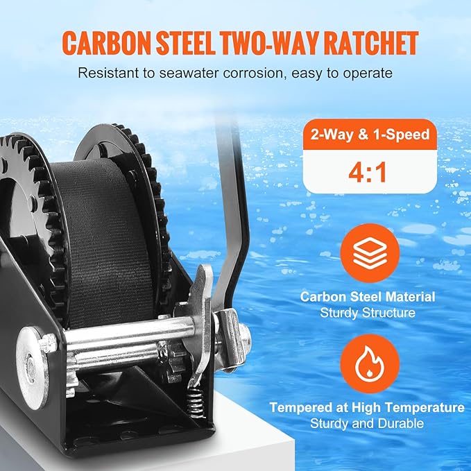 VEVOR Boat Winch, 2000 lbs Capacity Hand Boat Trailer Winch Heavy Duty Rope Crank with 23 ft Polyester Strap and Two-Way Ratchet, Manual Operated Hand Crank Winch for Trailer, Boat or ATV Towing