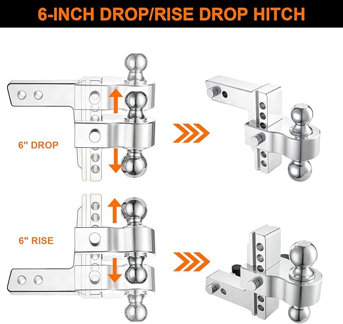 Adjustable Trailer Hitch, 6-Inch Drop/Rise Aluminum Shank – Fits 2" Receiver, 12,500 LBS GTW, Heavy Duty Drop Hitch with 3 Anti-Rattle Pads & 2 Locking Hitch Pin for Trucks