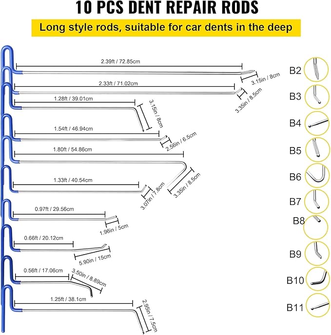 VEVOR Rods Dent Removal Kit, 20 Pcs Paintless Dent Repair Rods, Stainless Steel Dent Rods, Whale Tail Dent Repair Tools, Professional Hail Dent Removal Tool For Minor Dents, Door Dings And Hail Damage