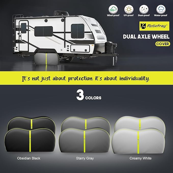 Rosefray RV Tire Covers, Dual Axle Wheel Cover (2 Pack) Fits 27"-30"/30”-33” Diameter Tires, Waterproof Anti-UV Black Dual Tire Covers RV Accessories for Truck/Trailer/Gray